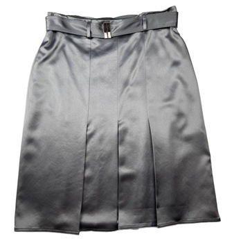 Rozkloszowana satynowa spódnica z paskiem srebrna za kolano OSCAR r. L USA