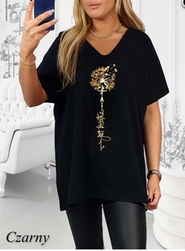 T-SHIRT KOSZULKA BAWEŁNA złoty dmuchawiec V dekolt oversize plus size T32