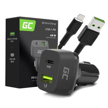 Szybka Ładowarka samochodowa do iPhone USB-C USB 48W + Kabel Lightning 1.2m