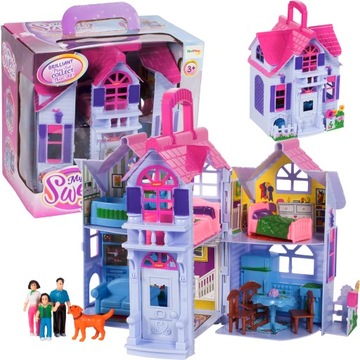 DOM, DOMEK DLA LALEK ROZKŁADANA, RÓŻOWY VILLA 18CM, MEBLE + FIGURKI