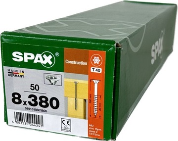 Wkręty uniwersalne do drewna 8 x 380mm SPAX WIROX BIT T-40 stożek 50szt