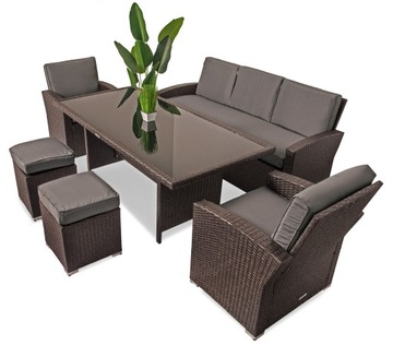Meble ogrodowe rattanowe DELUXE - SOFA STÓŁ FOTELE PUFY Ciemny Brązowy