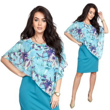 ELEGANCKA sukienka WIZYTOWA midi KWIATY turkus 4XL
