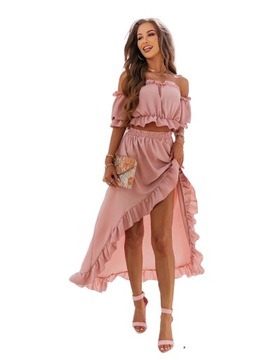 KOMPLET LETNI DAMSKI TOP HISZPANKA SPÓDNICA FALBANY ASYMETRYCZNA