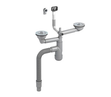 SYFON PREVEX ZLEWU DWUKOMOROWEGO FI 90 mm+2 PRZELEWY+ELASTYCZNY ODPŁYW UNI