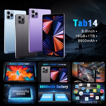 Планшет 8,0 дюйма Android 10 5G SIM WiFi GPS1 16 ТБ Tab14, синий, Android