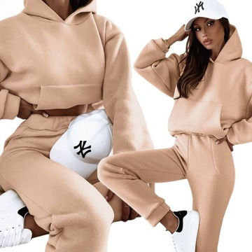 Dres damski KOMPLET spodnie dresowe bluza z kapturem kieszeń kangur ciepły