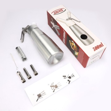 PREMIUM ALUMINIOWY DOZOWNIK DO BITEJ ŚMIETANY, 500 ML, Z 3 DYSZAMI, KREMU