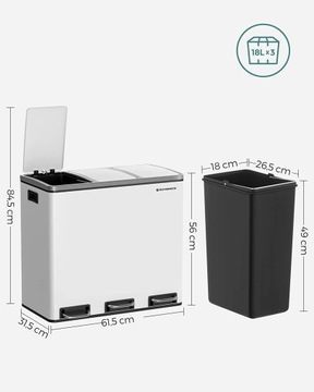 БАНКА ДЛЯ СЕГРЕГАЦИИ МУСОРНЫХ 3 X 18 Л БЕЛАЯ 3 ОТДЕЛЕНИЯ НЕРЖАВЕЮЩАЯ СТАЛЬ 54 Л