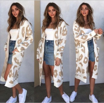 SWETER DAMSKI KARDIGAN DŁUGI PANTERKA BEŻOWY