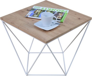 Kawowy Stolik Druciany Kwadratowy Loft Industrial Biały+Dąb Artisan