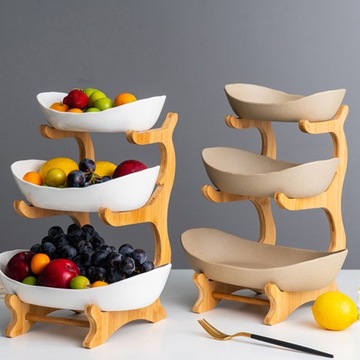 КОРЗИНА ДЛЯ ФРУКТОВ и продуктов, 3-х ярусная керамика и бамбук, современный дизайн