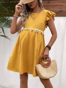 SHEIN ŻÓŁTA BAWEŁNIANA SUKIENKA CIĄŻOWA KOLOROWE FRĘDZLE XL 53075
