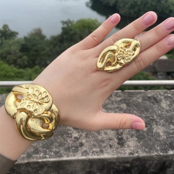 Luxury Dubai Gold Plated Bracelet Ring Copper Cuff Flower Bangle Italy Fran