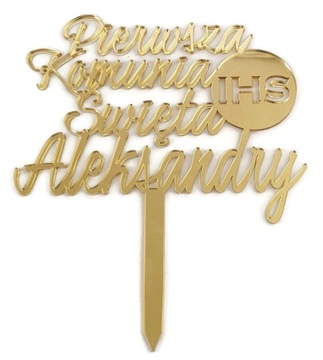 Topper złoty na komunie z imieniem na tort Komunia Święta IMIĘ złote lustro