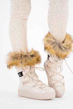 Beżowe buty śniegowce eskimoski damskie z futrem 38