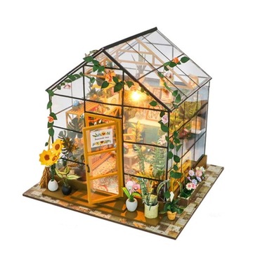 Miniaturowy domek DIY Kolorowa szklarnia Ogród Słońce Kwiaty