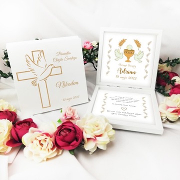 PAMIĄTKA CHRZTU ŚWIĘTEGO PUDEŁKO DREWNIANE NA PIENIĄDZE PREZENT CHRZEST