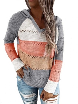 Autumn Patchwork Hooded Sweater Women Casual Long