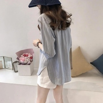 Women Shirt Striped Print V-neck 3/4 Sleeves V Nec