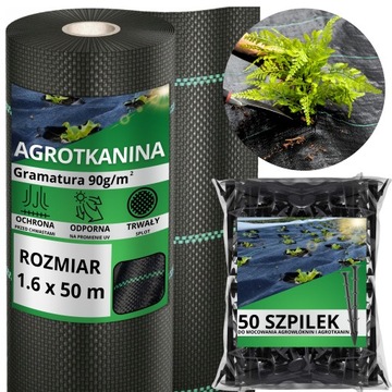 Agrotkanina antychwastowa agrowłóknina 90g czarna 1,6x50m UV 3% + KOŁKI