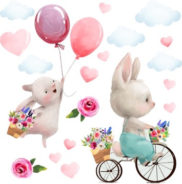 Naklejki na ścianę dla dzieci KRÓLIKI BALONY SERCA