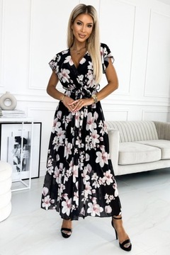 434-1 LISA Plisowana sukienka midi z dekoltem i fa