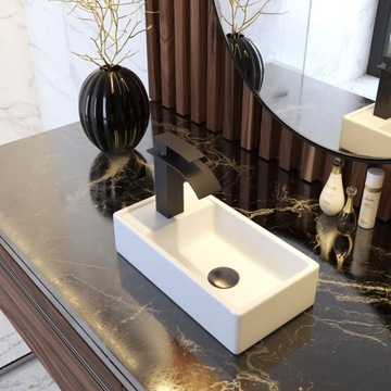 БЕЛАЯ КЕРАМИЧЕСКАЯ ПРЯМОУГОЛЬНАЯ РАКОВИНА НА СТОЛЕНЕ, МАЛЕНЬКАЯ, ДЛЯ ВАННОЙ КОМНАТЫ ASPRA