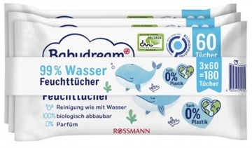 Chusteczki nawilżane Babydream 99% WODY 3 x60 szt.