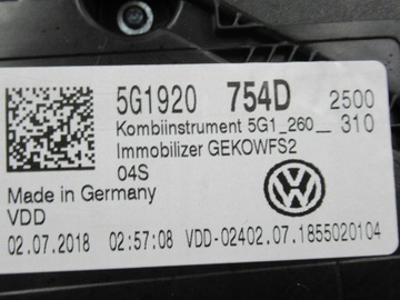 VW GOLF VII GTE LICZNIK ZEGARY EUROPA 5G1920754D 5G1920754D