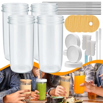 4 SZT. 720ML SŁOIK MASON, SZKLANE KUBKI Z DREWNIANYMI POKRYWKAMI I SŁOMKAMI