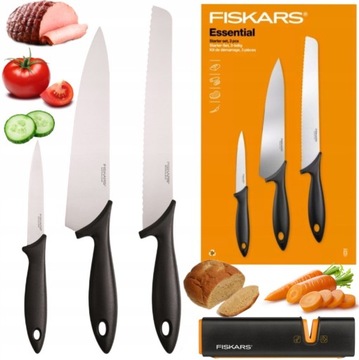 ZESTAW 3 NOŻY FISKARS W PUDEŁKU DO KROJENIA SIEKANIA WARZYW + OSTRZAŁKA HIT