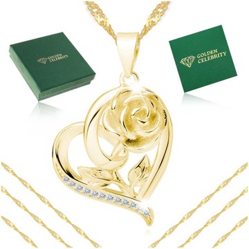 ELEGANCKI ZŁOTY ŁAŃCUSZEK Z SERDUSZKIEM SERCE Z RÓŻĄ SREBRO 925/585 PREZENT