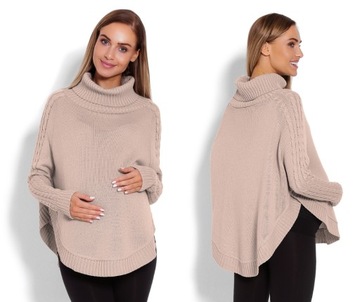 Sweter poncho z golfem z rękawem warkocz