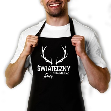 Fartuch Kuchenny Czarny Na Prezent Dla ŚWIĄTECZNEGO KUCHMISTRZA IMIĘ Wzory