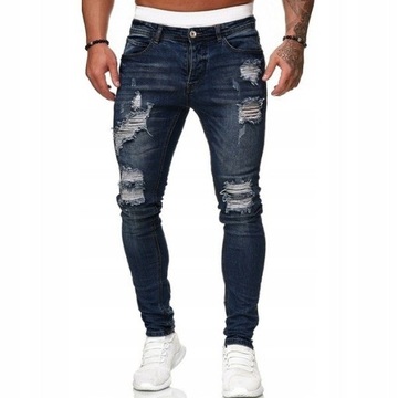 Modne męskie jeansy slim fit, spodnie z dziurami, S