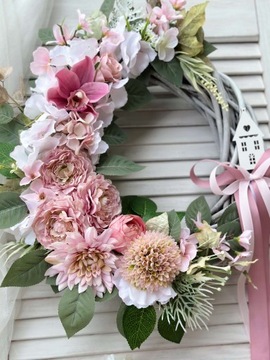 WIANEK KWIATOWY WIOSENNY NA DRZWI STROIK WIENIEC RÓŻOWY DUŻY WIKLINOWY