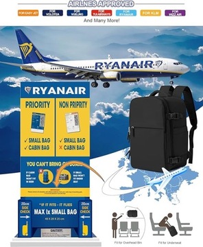 PLECAK KABINOWY BAGAŻ PODRĘCZNY RYANAIR WIZZ AIR 40x25x20 cm SZSYCN czarny