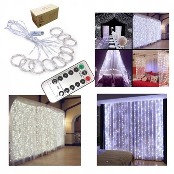 KURTYNA ŚWIETLNA LED Girlanda LAMPKI 3X2M PILOT Z PAMIĘCIĄ USB BIAŁE