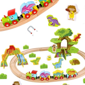KOLEJKA DREWNIANA MAGNETYCZNA DINOZAURY FIGURKI TOOKY TOY