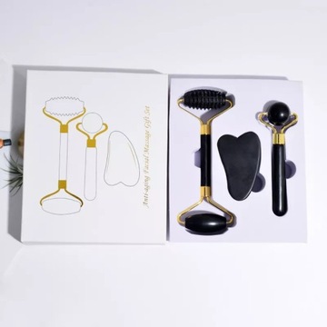 2X РОЛИК + МАССАЖЕР ДЛЯ ЛИЦА С КАМНЯМИ ГУА ША ПОДАРОЧНЫЙ НАБОР
