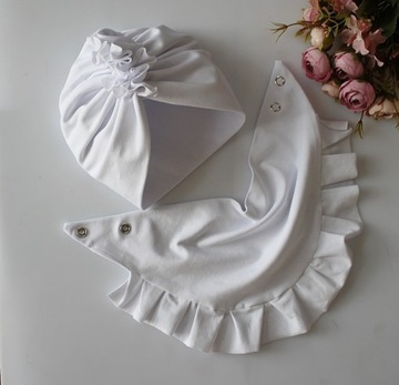 Zestaw turban chusta falbanka 40-42 ok 3,5-6 mc chrzest biel wiosna/jesien