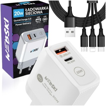 SZYBKA ŁADOWARKA DO WSZYSTKICH TELEFONÓW QC 20W KABEL 3w1 IPHONE USB TYP C