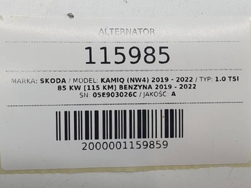 ALTERNÁTOR 140A SKODA KAMIQ 1.0 TSI 05E903026C