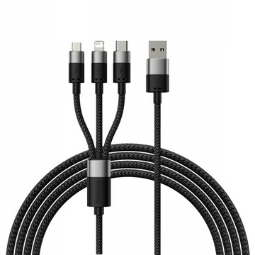 КАБЕЛЬ BASEUS FAST CABLE 3in1 USB — micro USB/Lightning/USB C ПРОЧНЫЙ КАБЕЛЬ 1,2 м