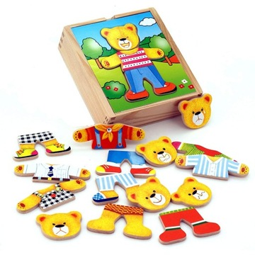 VIGA DREWNIANA UKŁADANKA UBIERANKA MIŚ UBRANKA PUZZLE KLOCKI UBIERZ MISIA