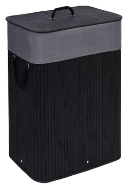 KOSZ NA PRANIE BIELIZNĘ ZABAWKI BAMBUSOWY POJEMNIK CZARNY Z POKRYWĄ 80L