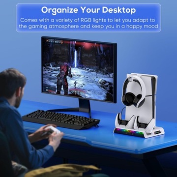 RGB ORGANIZATOR STACJA ŁADUJĄCA DO DualSense+PS5 SLIM 2023 COOLING FAN