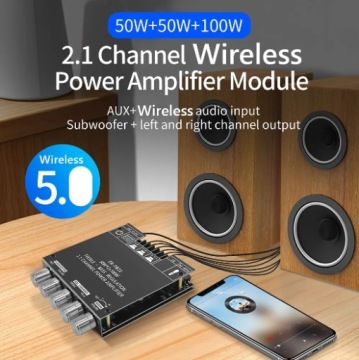 УСИЛИТЕЛЬ 2x50 Вт+100 Вт САБВУФЕР BLUETOOTH 12–24 В TPA3116D2 CS8673E ZK-TB21