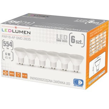 Zestaw 6x Żarówka LED GU10 PAR16 6W=45W SMD 554lm 120° Brak Migotania